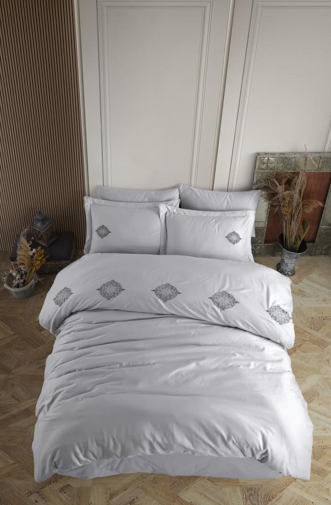 ND Çift Kişilik Poplin Premium Nakışlı Nevresim Azra Gri