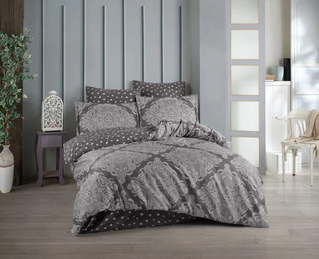 Hobby Çift Kişilik Saten Nevresim Ruth Antrasit