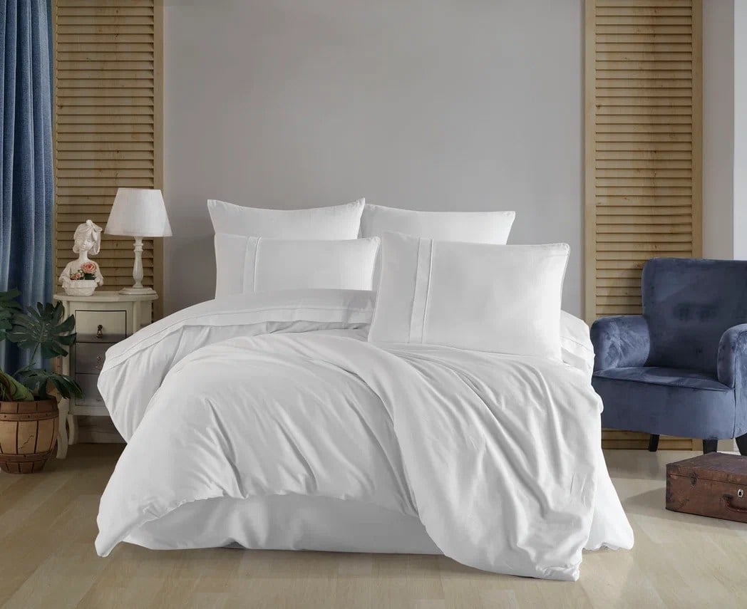 Hobby Premium Deluxe 300TC Çift Kişilik Saten Nevresim Takımı Plain Beyaz