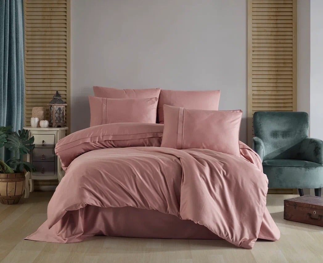 Hobby Premium Deluxe 300TC Çift Kişilik Saten Nevresim Takımı Plain Pudra