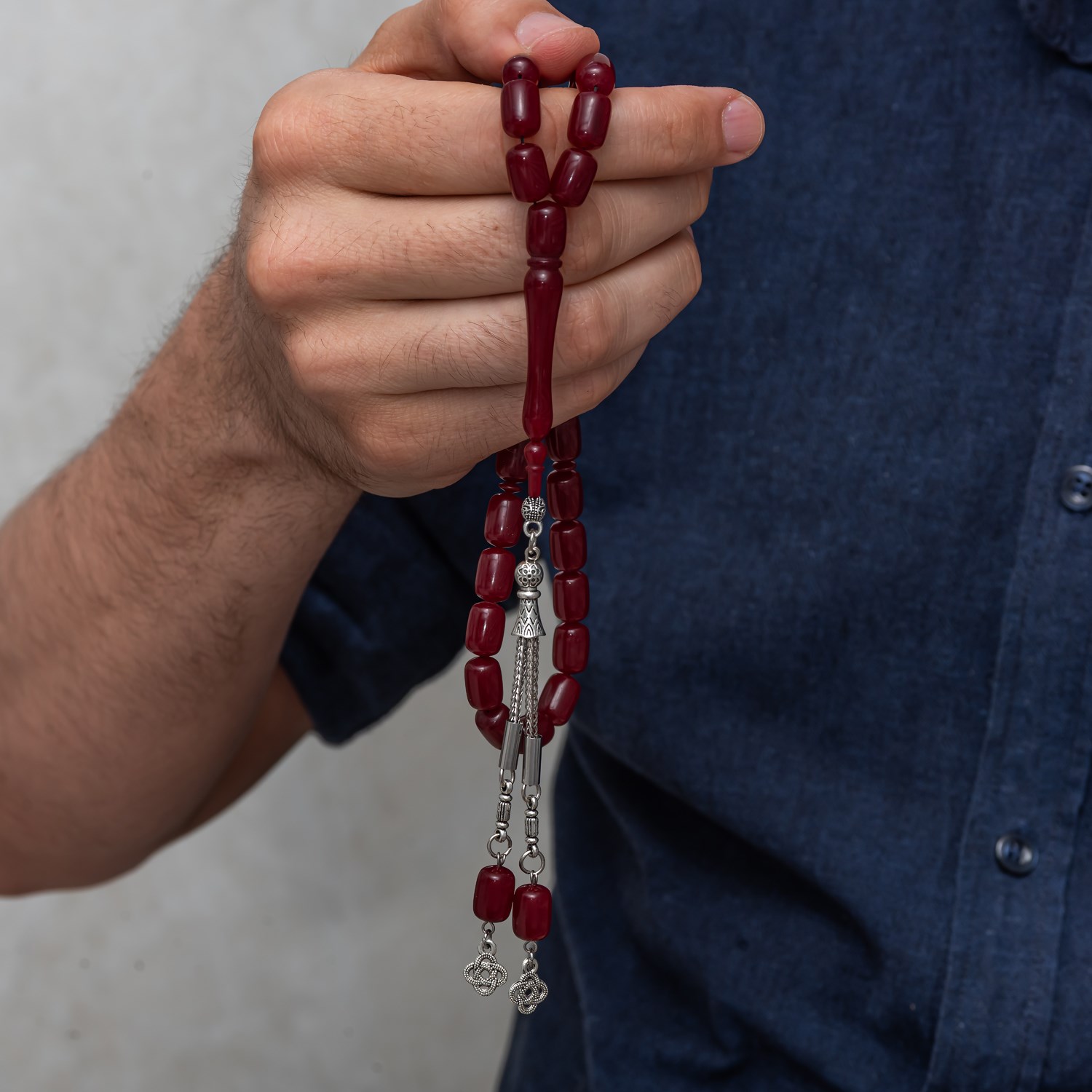 Metal Püsküllü Kapsül Kesim Bordo Sıkma Kehribar Tesbih