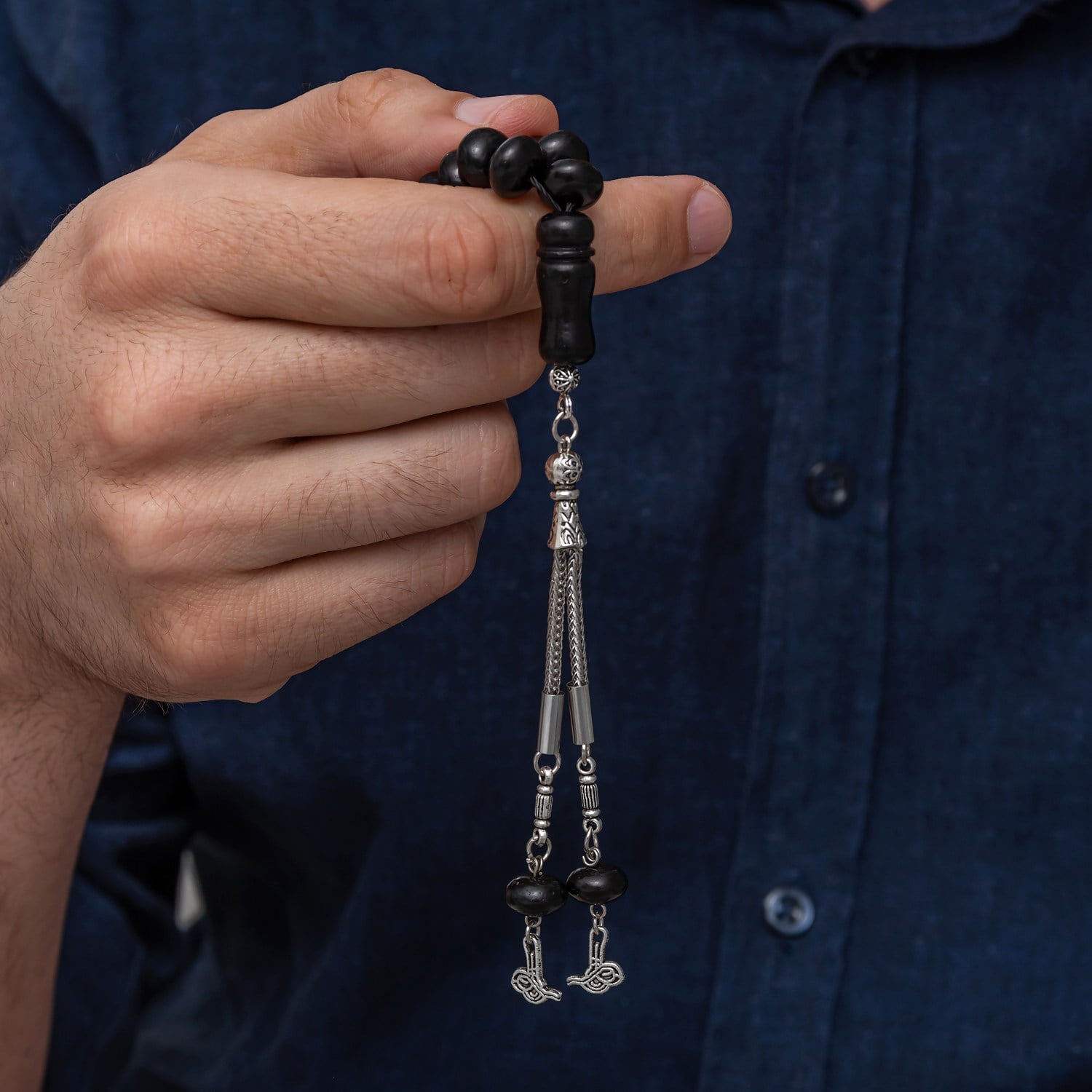 Hk Metal Püsküllü Siyah 7x10.5 mm Rondela Kesim Rus Oltusu Tesbih |Gümüş Takı Hediyelik Ürünler