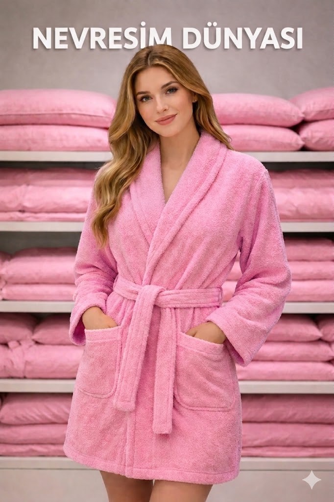 Nevresim Dünyası Pamuklu Tek Bornoz Pembe XL-XXL Beden