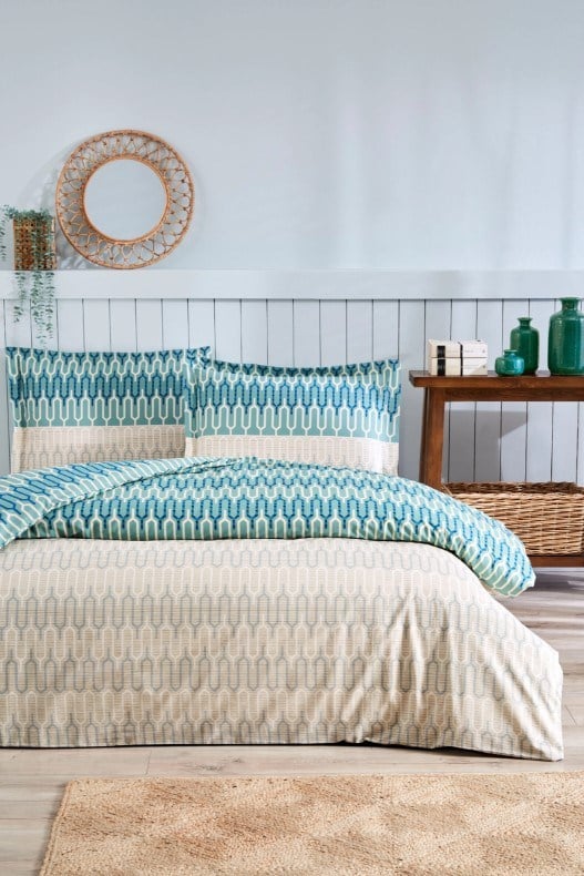 ND Çift Kişilik Ranforce Nevresim Takımı Flame Stitch Mavi