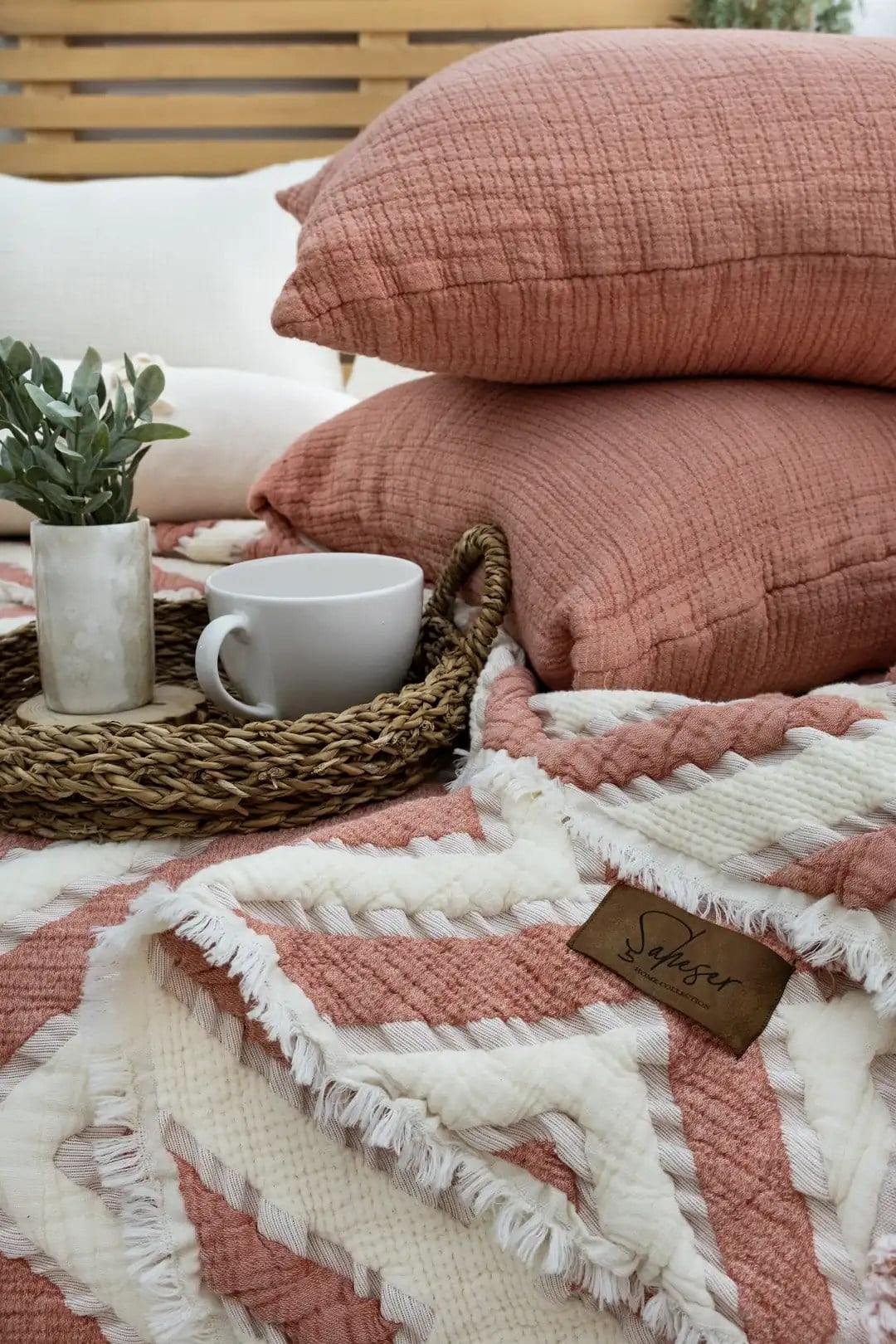 Şaheser Home Collection  Müslin Yatak Örtüsü Seti Çift Kişilik Sonia Kiremit