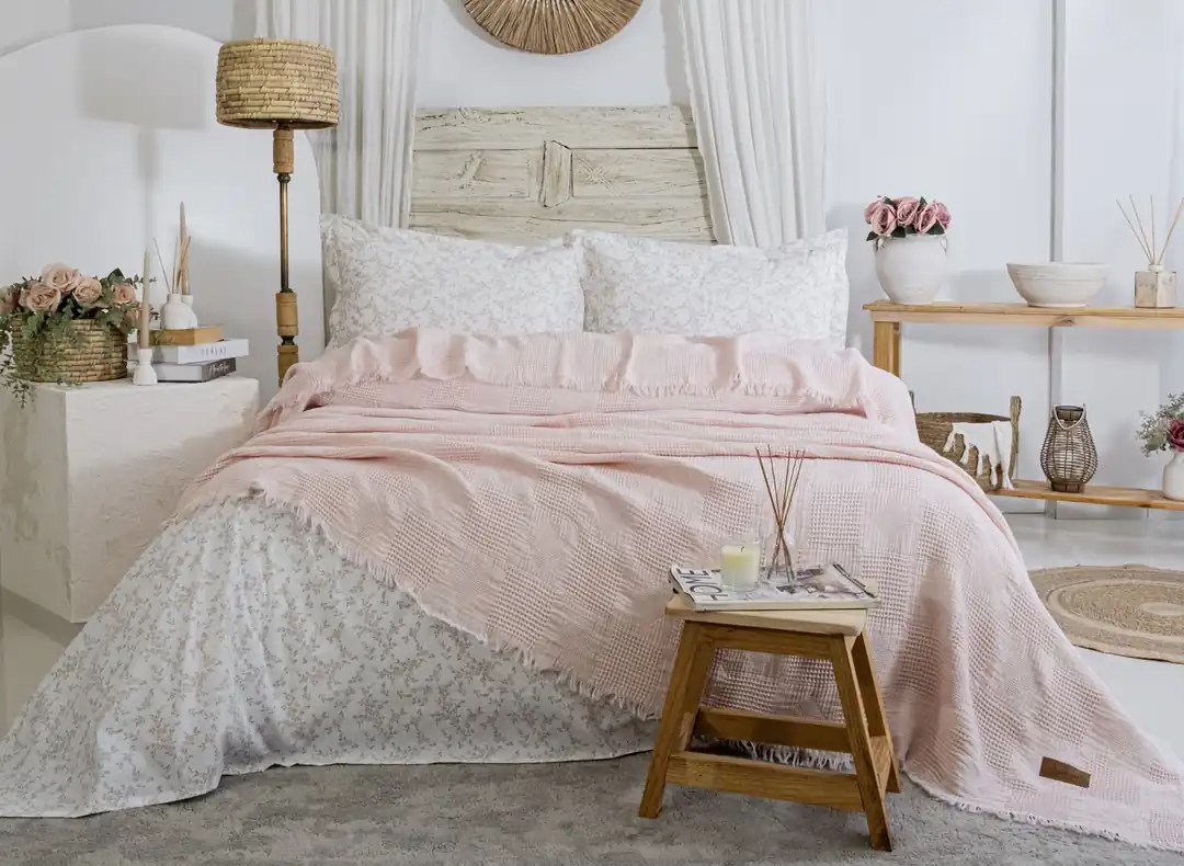 Şaheser Home Collection Müslin Yatak Örtüsü Çift Kişilik Pamela Pudra