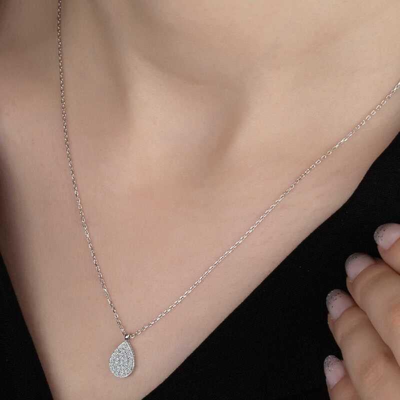 Hk Gümüş Kadın Kolye Kristal Taşlı Damla |Gümüş Takı Hediyelik Ürünler
