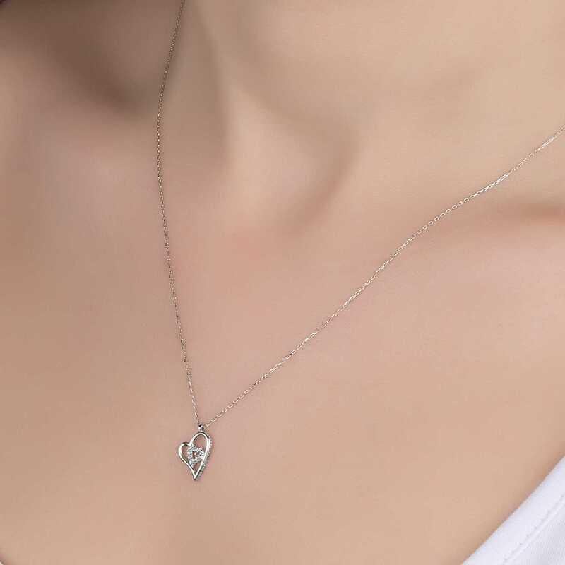 Hk Gümüş Kadın Kolye Kristal Taşlı Kalp |Gümüş Takı Hediyelik Ürünler