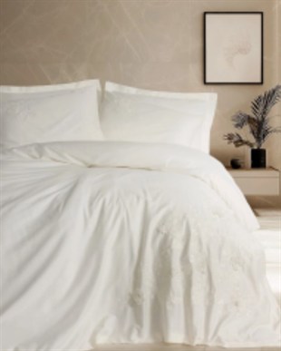 ND 3D Nakışlı Çift Kişilik Saten Nevresim Takımı Chic Ekru