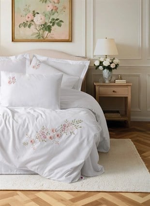 ND 3D Nakışlı Çift Kişilik Saten Nevresim Takımı Floret Beyaz