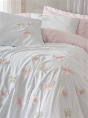 ND 3D Nakışlı Çift Kişilik Saten Nevresim Takımı Charming Pudra