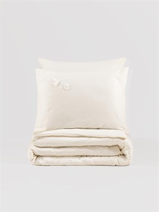 ND 3D Nakışlı Çift Kişilik Saten Nevresim Takımı Pure Ekru