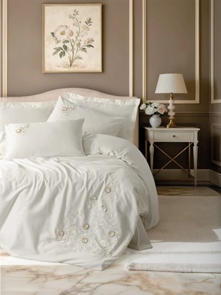 ND 3D Nakışlı Çift Kişilik Saten Nevresim Takımı Gilded Ekru