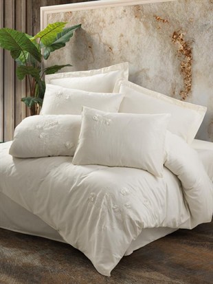 ND 3D Nakışlı Çift Kişilik Saten Nevresim Takımı Pure Ekru