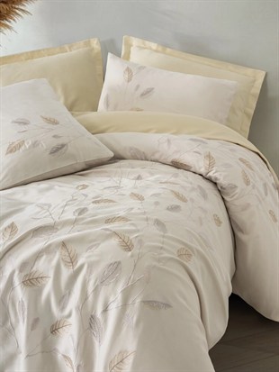 ND Brode Nakışlı Çift Kişilik Saten Nevresim Takımı Blade Bej