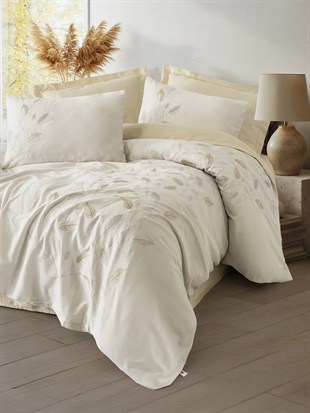 ND Brode Nakışlı Çift Kişilik Saten Nevresim Takımı Blade Bej