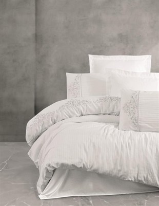 ND Brode Nakışlı Çift Kişilik Saten Nevresim Takımı Genny Beyaz