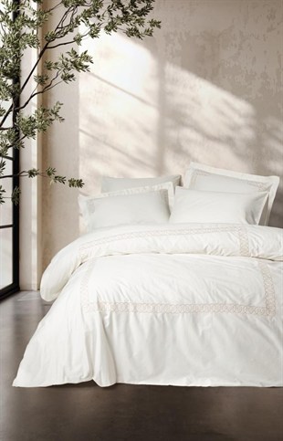 ND Brode Nakışlı Çift Kişilik Saten Nevresim Takımı Riley Ekru