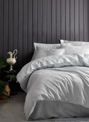 ND Çift Kişilik Jakarlı Saten Nevresim Takımı Leaf Buz Mavisi