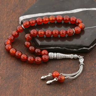 Hk ​Doğaltaş Tesbih Metal Püsküllü Bordo Akik Taşlı |Gümüş Takı Hediyelik Ürünler