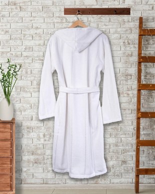 ND Pamuk Kapüşonlu Unisex Bornoz - Lara Beyaz