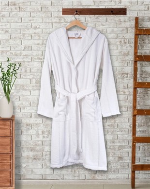 ND Pamuk Kapüşonlu Unisex Bornoz - Lara Beyaz
