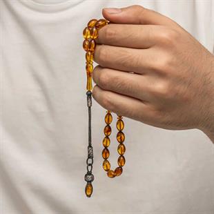 Hk Sıkma Kehribar Tesbih Gümüş Kazaz Püsküllü 1000 Ayar |Gümüş Takı Hediyelik Ürünler