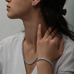 Hk Gümüş Kadın Set 2.5 mm Beyaz Taşlı Su Yolu |Gümüş Takı Hediyelik Ürünler