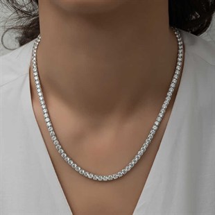 Hk Gümüş 3 mm Beyaz Taşlı Su Yolu Kadın Kolye | Gümüş Takı Hediyelik Ürünler