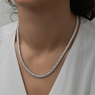 Hk Gümüş 3 mm Beyaz Taşlı Su Yolu Kadın Kolye | Gümüş Takı Hediyelik Ürünler