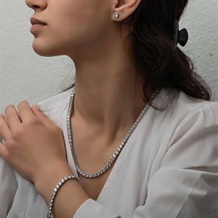 Hk Gümüş Kadın Set 5 mm Beyaz Taşlı Su Yolu |Gümüş Takı Hediyelik Ürünler