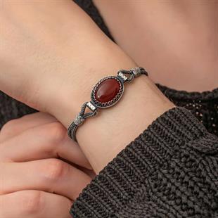 Hk Gümüş Kadın Bileklik Akik Taşlı Kazaziye|Gümüş Takı Hediyelik Ürünler