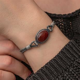 Hk Gümüş Kadın Bileklik Akik Taşlı Kazaziye|Gümüş Takı Hediyelik Ürünler