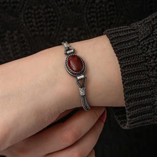 Hk Gümüş Kadın Bileklik Akik Taşlı Kazaziye|Gümüş Takı Hediyelik Ürünler