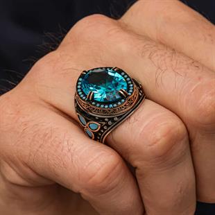 Hk Gümüş Erkek Yüzük Aquamarine Taşlı |Gümüş Takı Hediyelik Ürünler