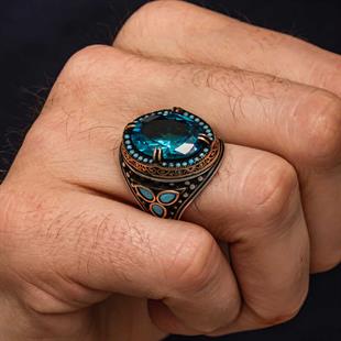 Hk Gümüş Erkek Yüzük Aquamarine Taşlı |Gümüş Takı Hediyelik Ürünler