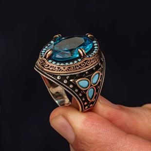 Hk Gümüş Erkek Yüzük Aquamarine Taşlı |Gümüş Takı Hediyelik Ürünler