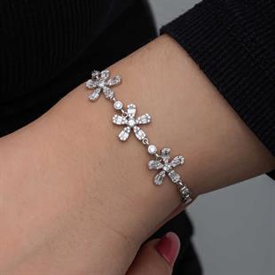 Hk Gümüş Kadın Bileklik Baget Çiçek Desenli |Gümüş Takı Hediyelik Ürünler