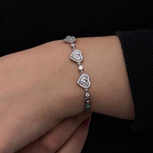 Hk ​Gümüş Kadın Bileklik Baget Taşlı Kalp |Gümüş Takı Hediyelik Ürünler