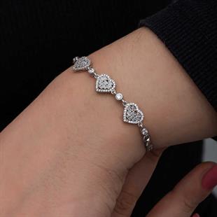 Hk ​Gümüş Kadın Bileklik Baget Taşlı Kalp |Gümüş Takı Hediyelik Ürünler