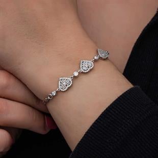 Hk ​Gümüş Kadın Bileklik Baget Taşlı Kalp |Gümüş Takı Hediyelik Ürünler