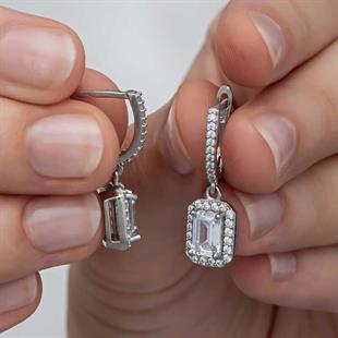 Hk Gümüş Kadın Küpe Beyaz Baget Taşlı Sallantılı |Gümüş Takı Hediyelik Ürünler