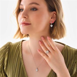 Hk Gümüş Kadın Set Beyaz Taşlı Kalpli |Gümüş Takı Hediyelik Ürünler