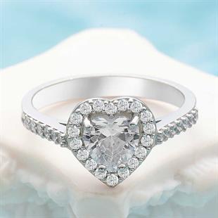 Hk Gümüş Kadın Yüzük Beyaz Taşlı Kalpli |Gümüş Takı Hediyelik Ürünler