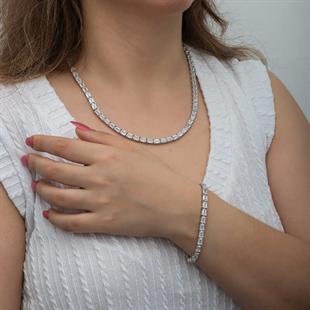 Hk Gümüş Kadın Set Beyaz Taşlı Su Yolu |Gümüş Takı Hediyelik Ürünler