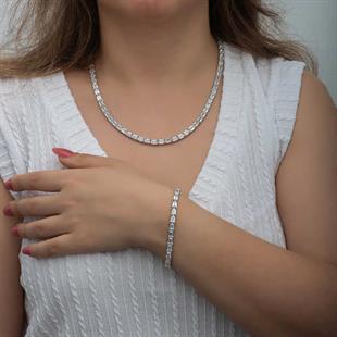 Hk Gümüş Kadın Set Beyaz Taşlı Su Yolu |Gümüş Takı Hediyelik Ürünler