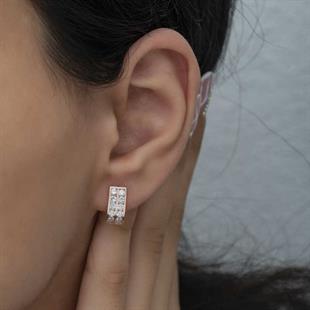 Hk Gümüş Kadın Küpe Çift Sıra Beyaz Taşlı J |Gümüş Takı Hediyelik Ürünler