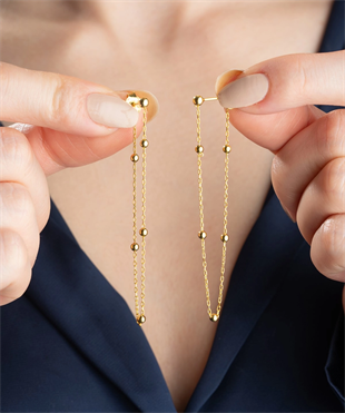 Hk Gümüş Kadın Küpe Çift Zincirli Gold Top Detaylı|Gümüş Takı Hediyelik Ürünler