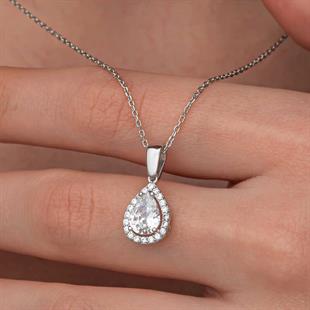 Gümüş Damla Beyaz Zirkon Taşlı Kadın Kolye