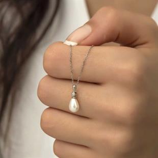 Hk Gümüş Kadın Kolye Damla İnci |Gümüş Takı Hediyelik Ürünler